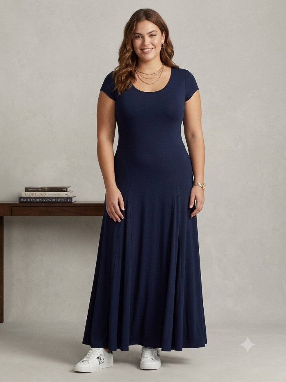 Lauren Ralph Lauren Women's Size 1X Navy Jersey Scoop Neck Maxi Dress